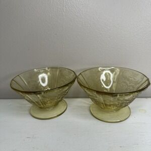 Vintage 30s Federal Madrid Depression Glass Yellow Amber Footed 2 Bowls Sherbet